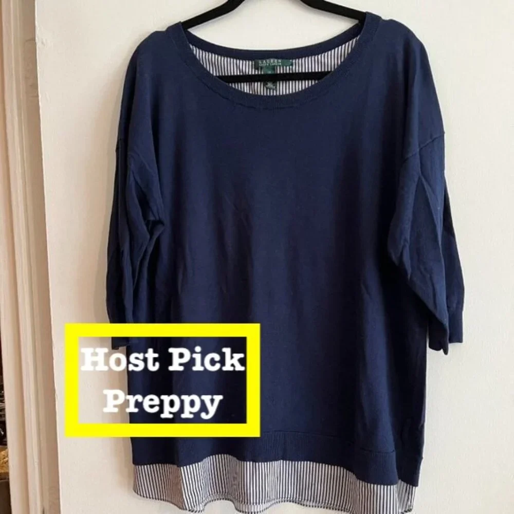 Ralph Lauren Navy Blue Sweater with Blue and White Stripes‎ on Trim 1X